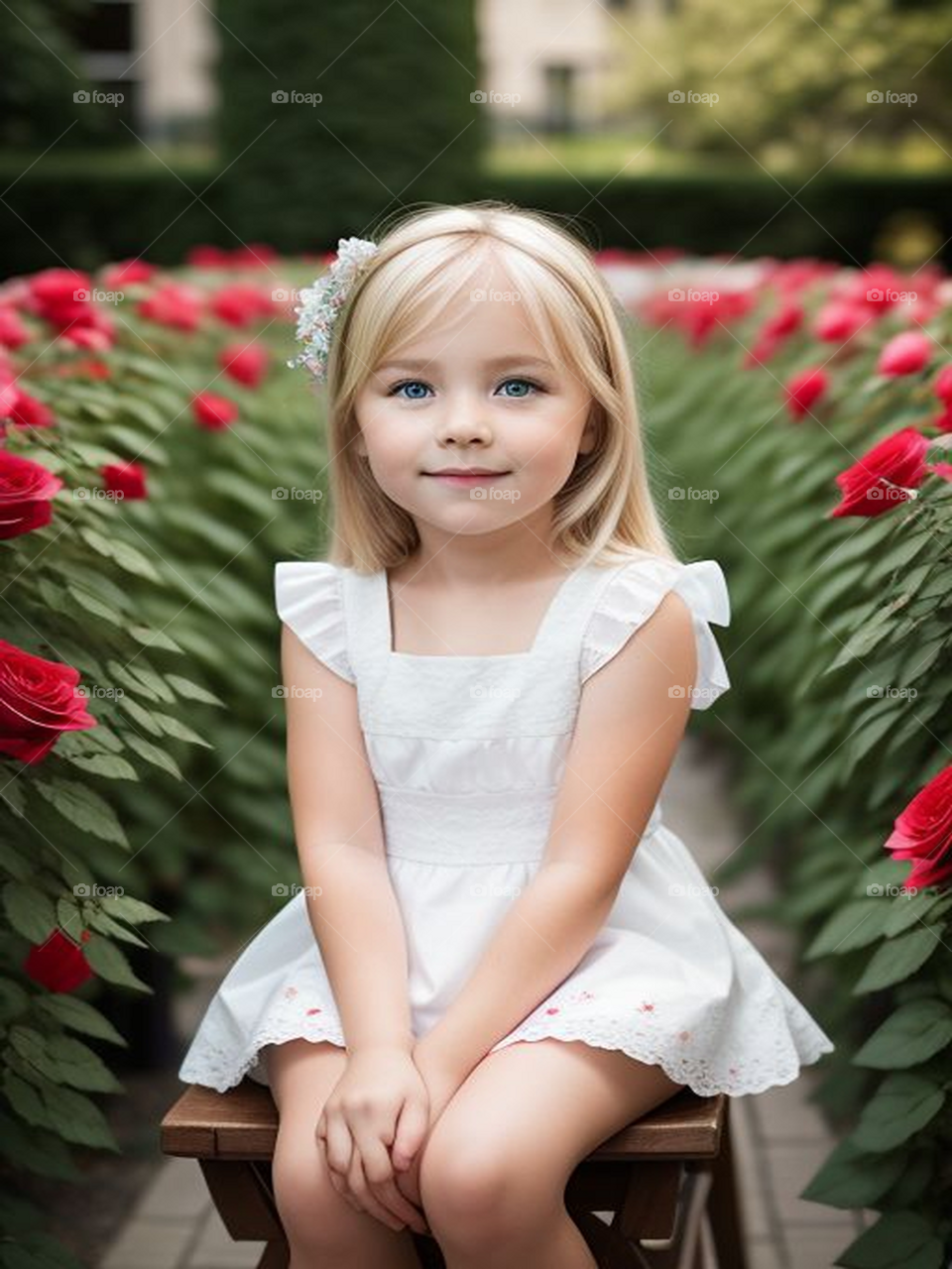 Beautiful blonde girl in a rose garden