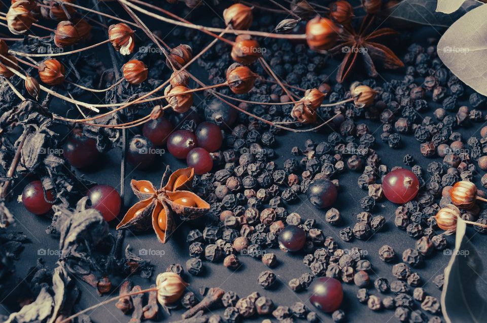 aromatic eastern and western spices scattered on a dark background. Anise cloves, cranberry and flax seeds in vintage tones