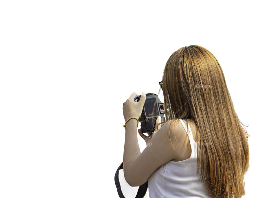 Isolated Hand woman holding the camera Taking pictures on a white background with clipping path.