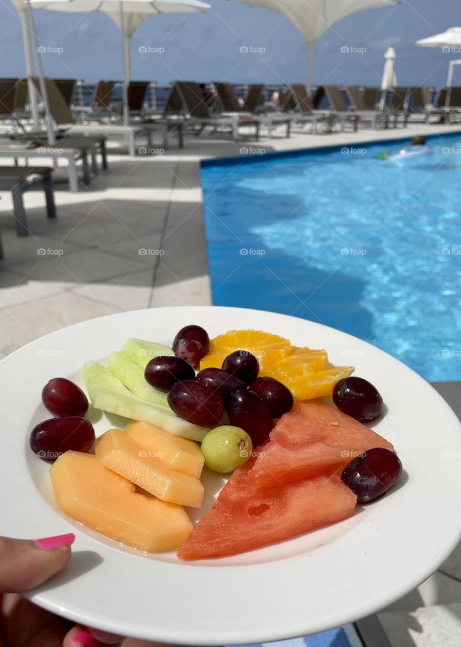 Fruit plate by the pool