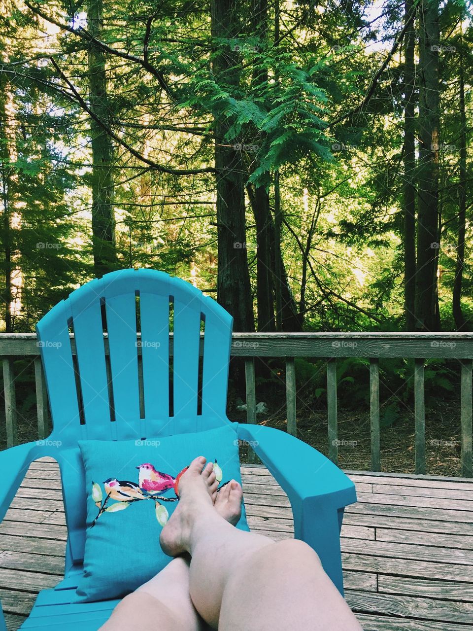 Feet resting on chair on deck in forest on a summer day 