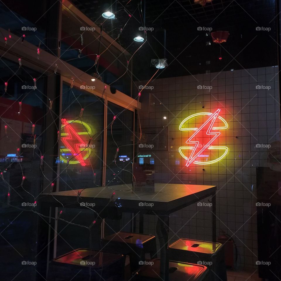 Neon lighting in the cafe. Burger. (2)