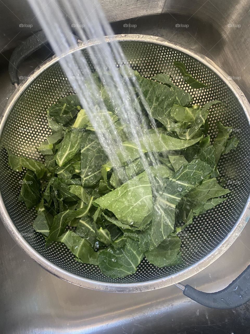 Cleaning  fresh greens under running water