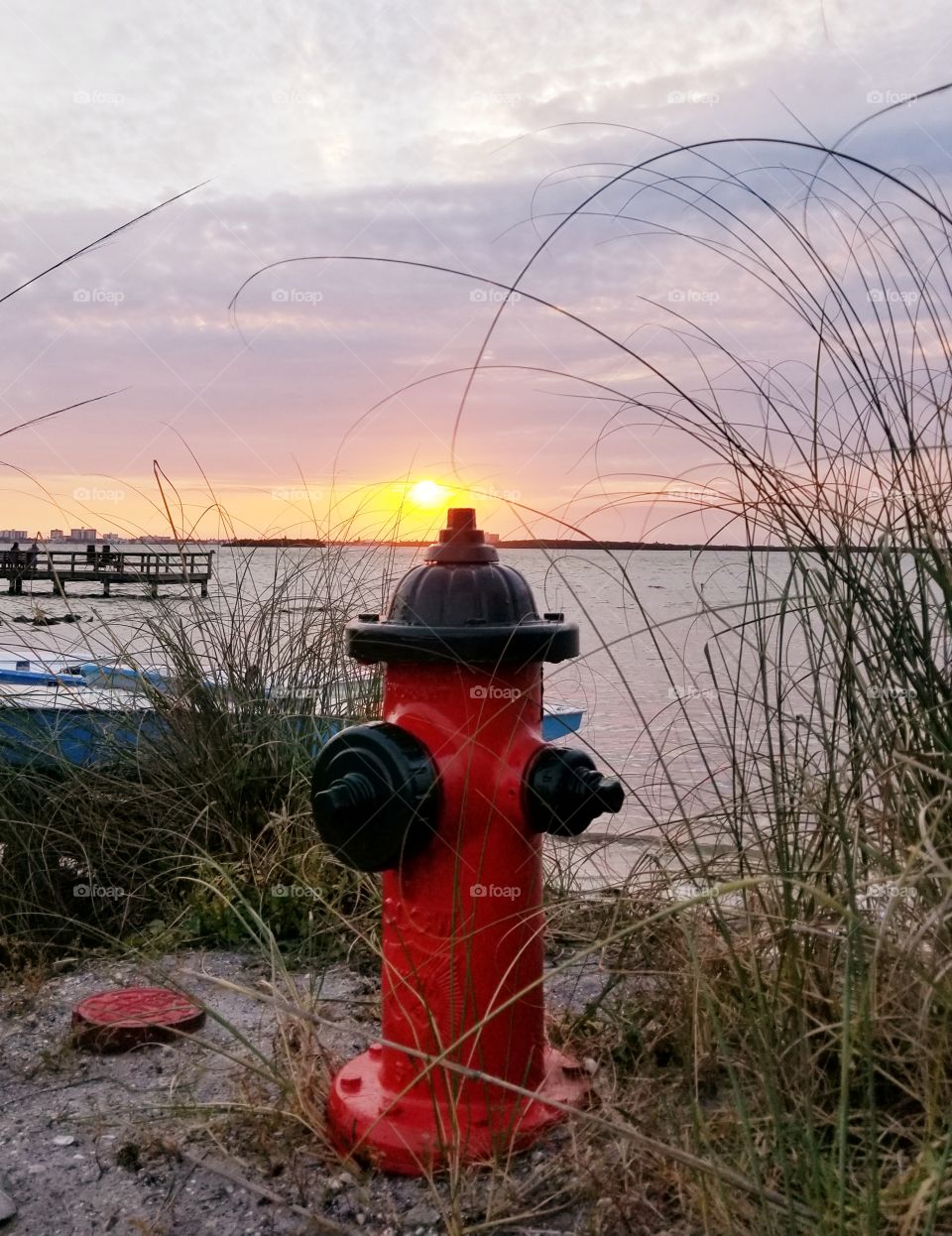 Red fire hydrant in front of the water