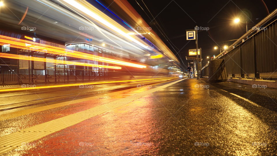 Blur Tram Night Time at city