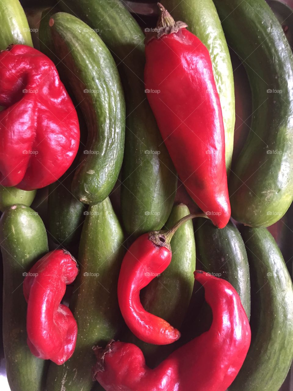 Red peppers and green cucumbers