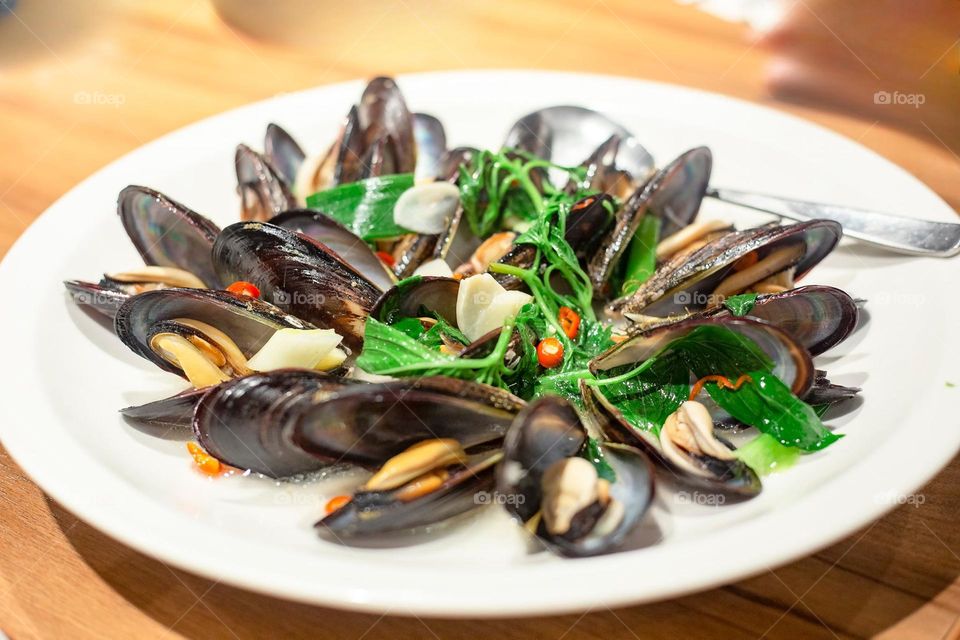 Delicious sea food mussels dishes