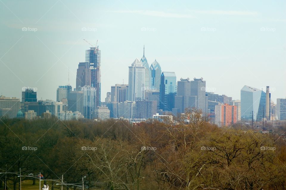 Philadelphia skyline. Philly as seen from a hill in Fairmount park