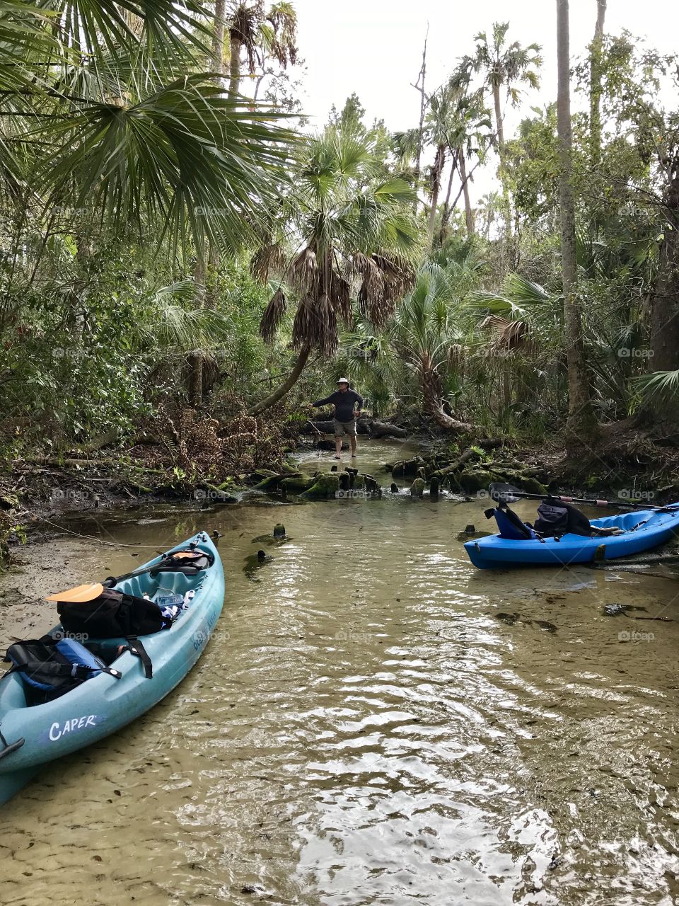 Tied off our Kayaks in the Baird River to continue the rest of the adventure on foot 