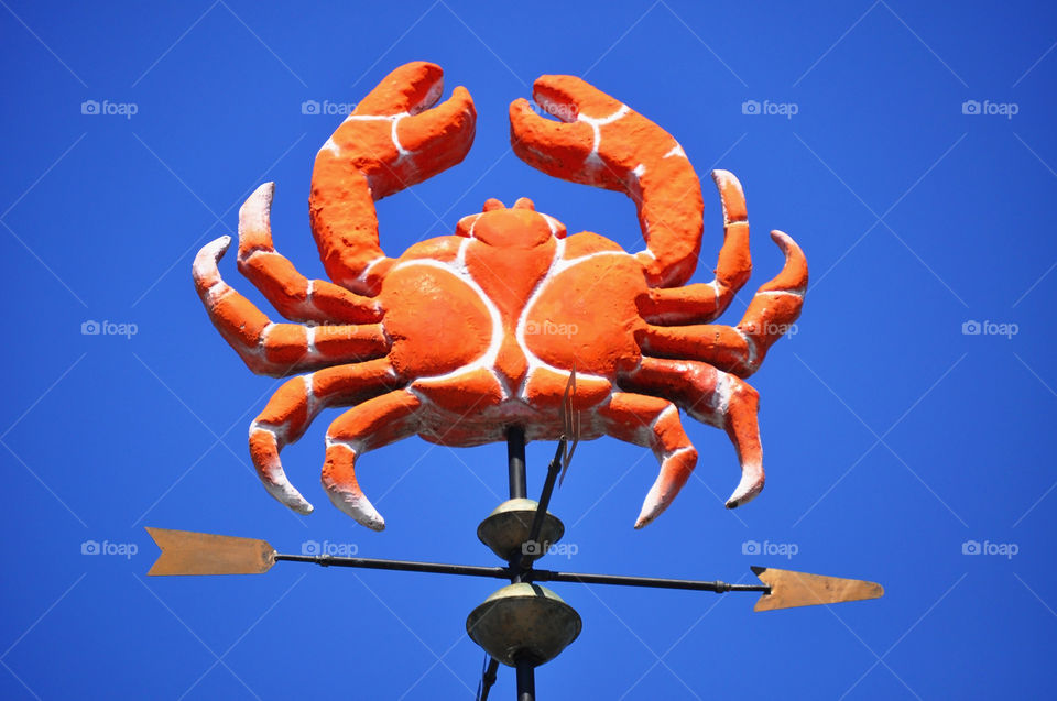 A large red crab weather vane against a bright blue sky.