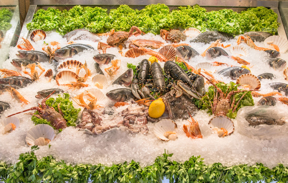 Fish And Seafood On Ice In The Market
