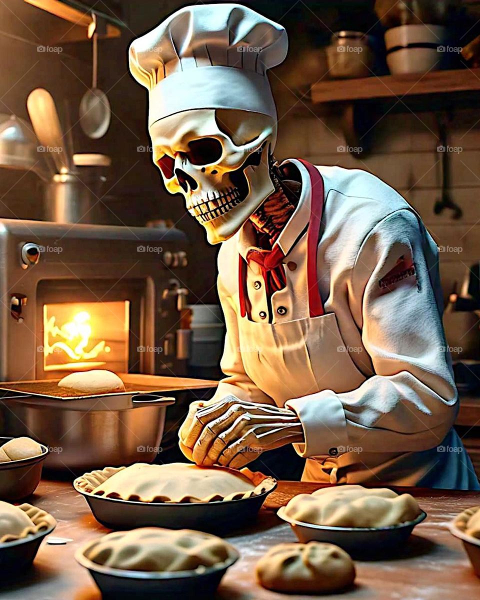 Skeleton chef makes pies for guests, working to the bone, skeleton chef in the kitchen, skeleton chef preparing food in the kitchen 