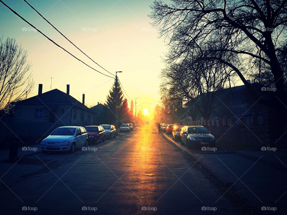 Sunset on the street on a winter day