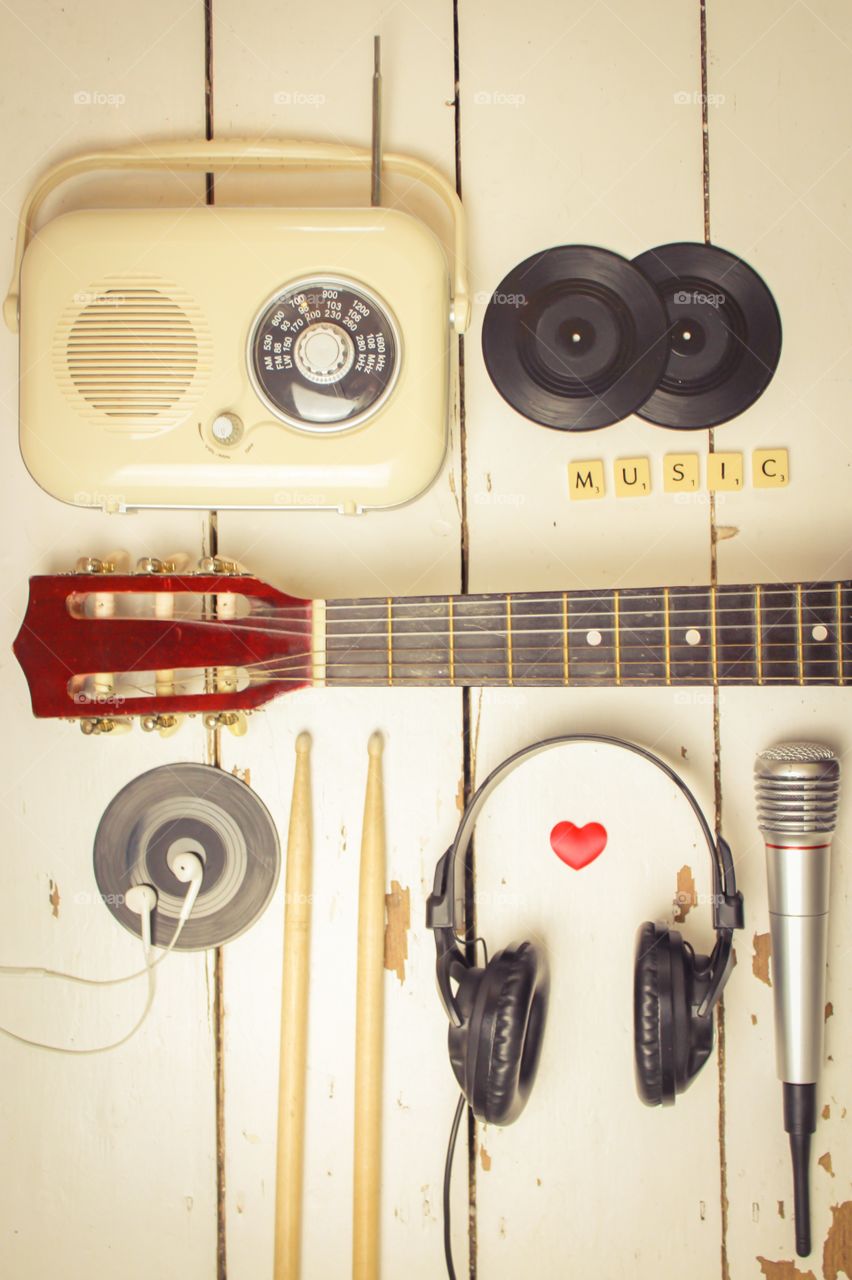 Musical accessories on wooden table