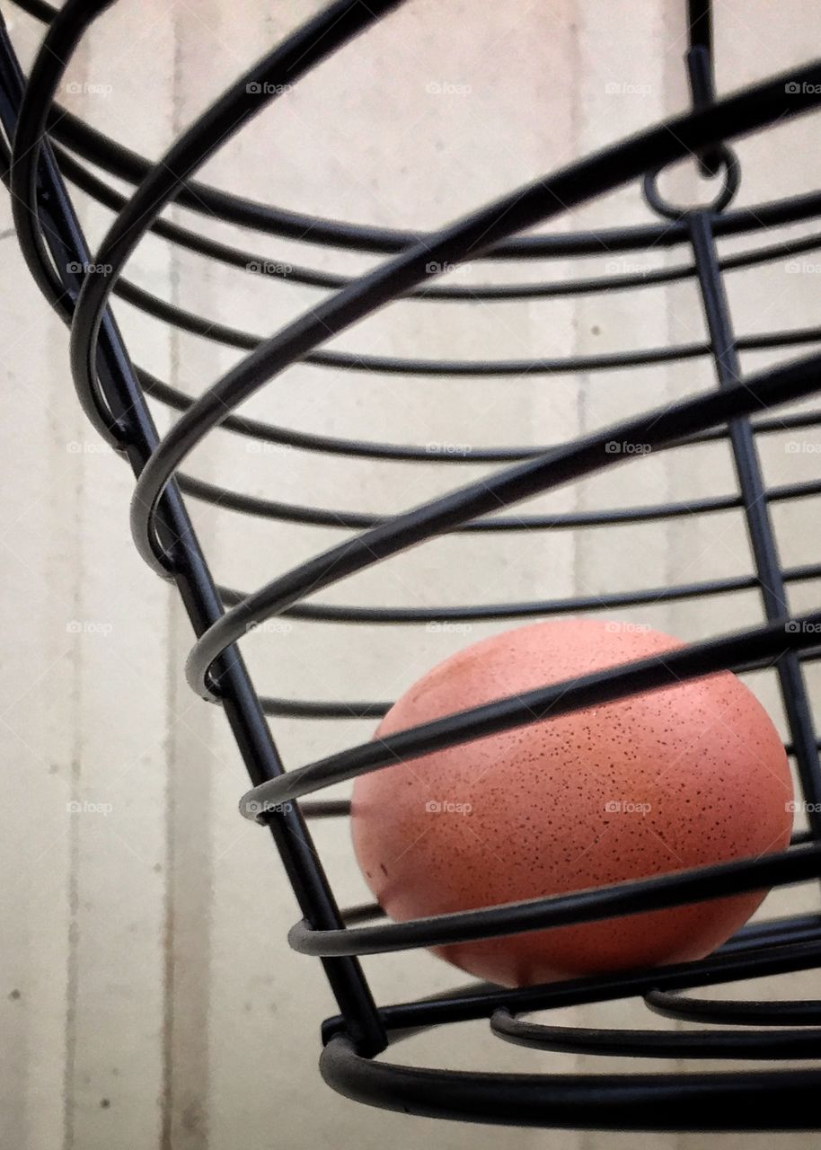 One brown egg in a black wire basket