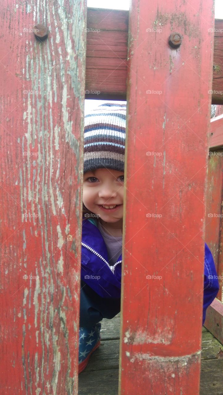 child peeking between fence