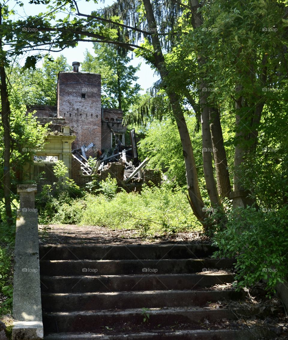 An old concrete outdoor stairway leading up to a crumbled brick building with overgrown vegetation surrounding it