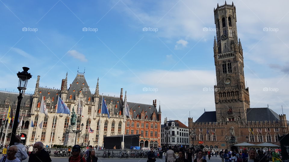 Market Square in Bruges, Belgium, including the medieval Belfort bell tower