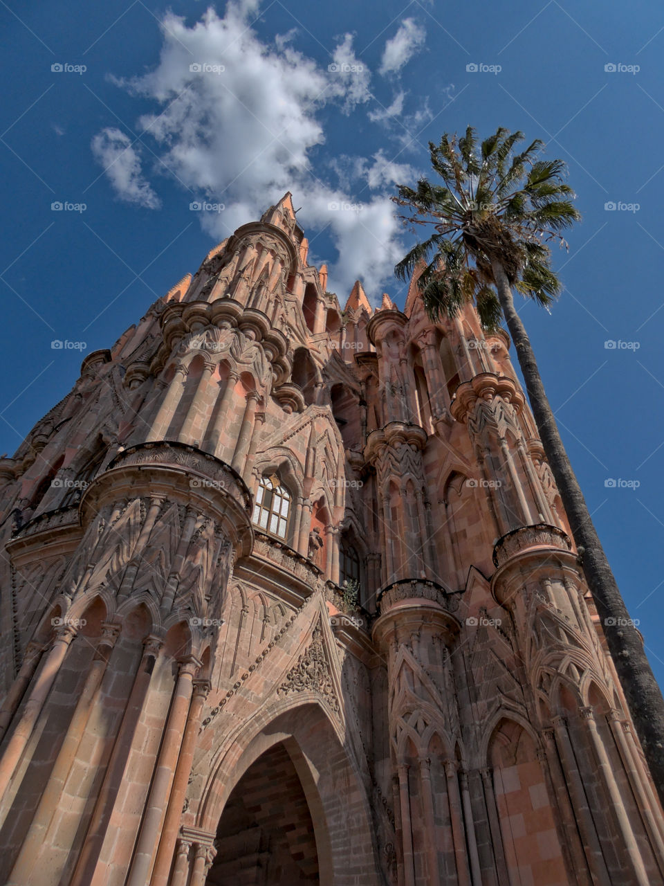 Low angle view of "Parroquia de San Miguel Arcangel" in San Miguel de Allende, Guanajuato, Mexico