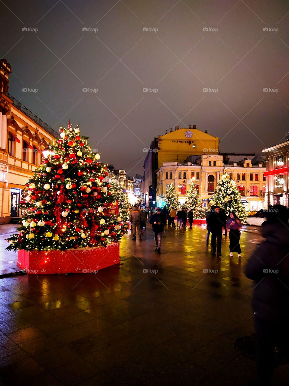 Moscow in the evening.  New Year street decorations.  Many decorated Christmas trees