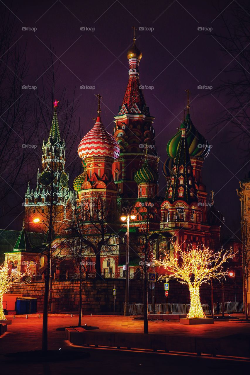 Saint Basil Cathedral Moscow Russia at New year Night