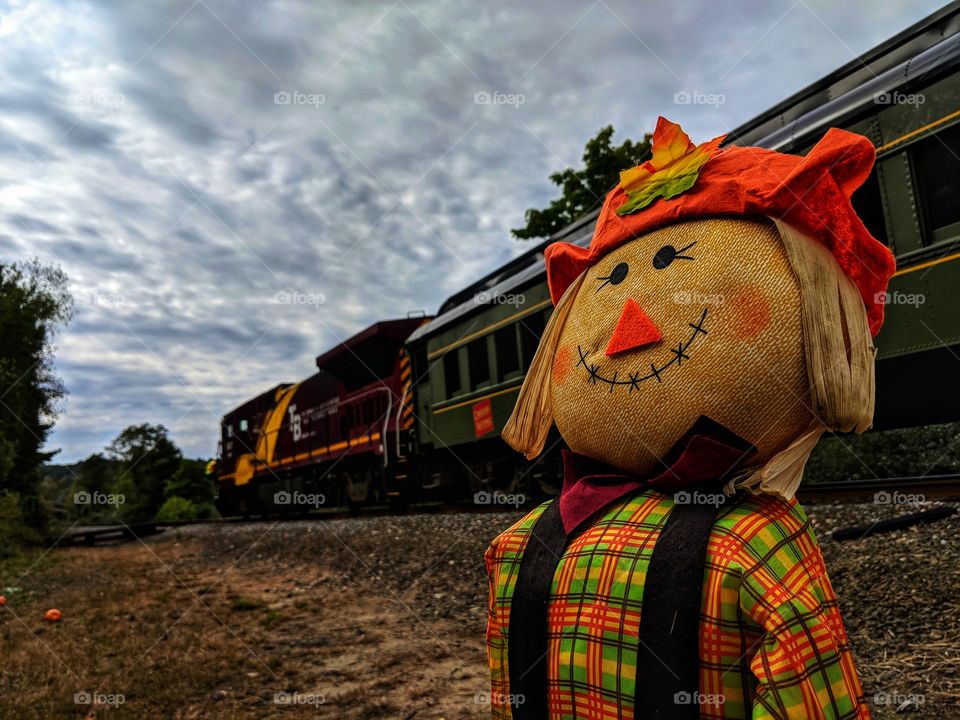 Scarecrow in front of train