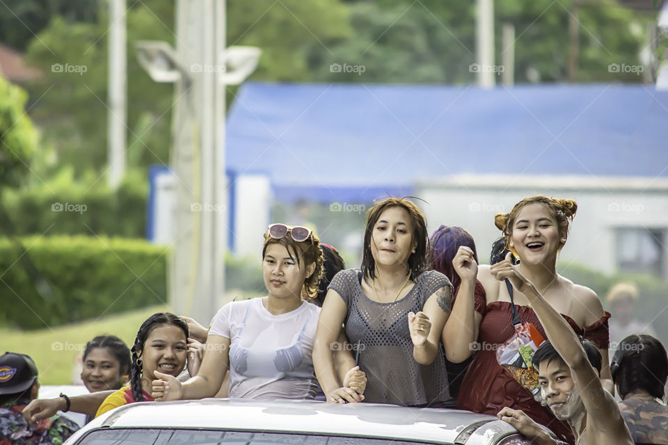 Tourists on the car play water in Songkran festival or Thai new year at Bang kruai, Nonthaburi , April 15, 2019