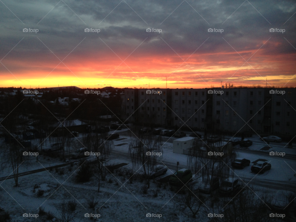 snow sky city sunset by jespersn