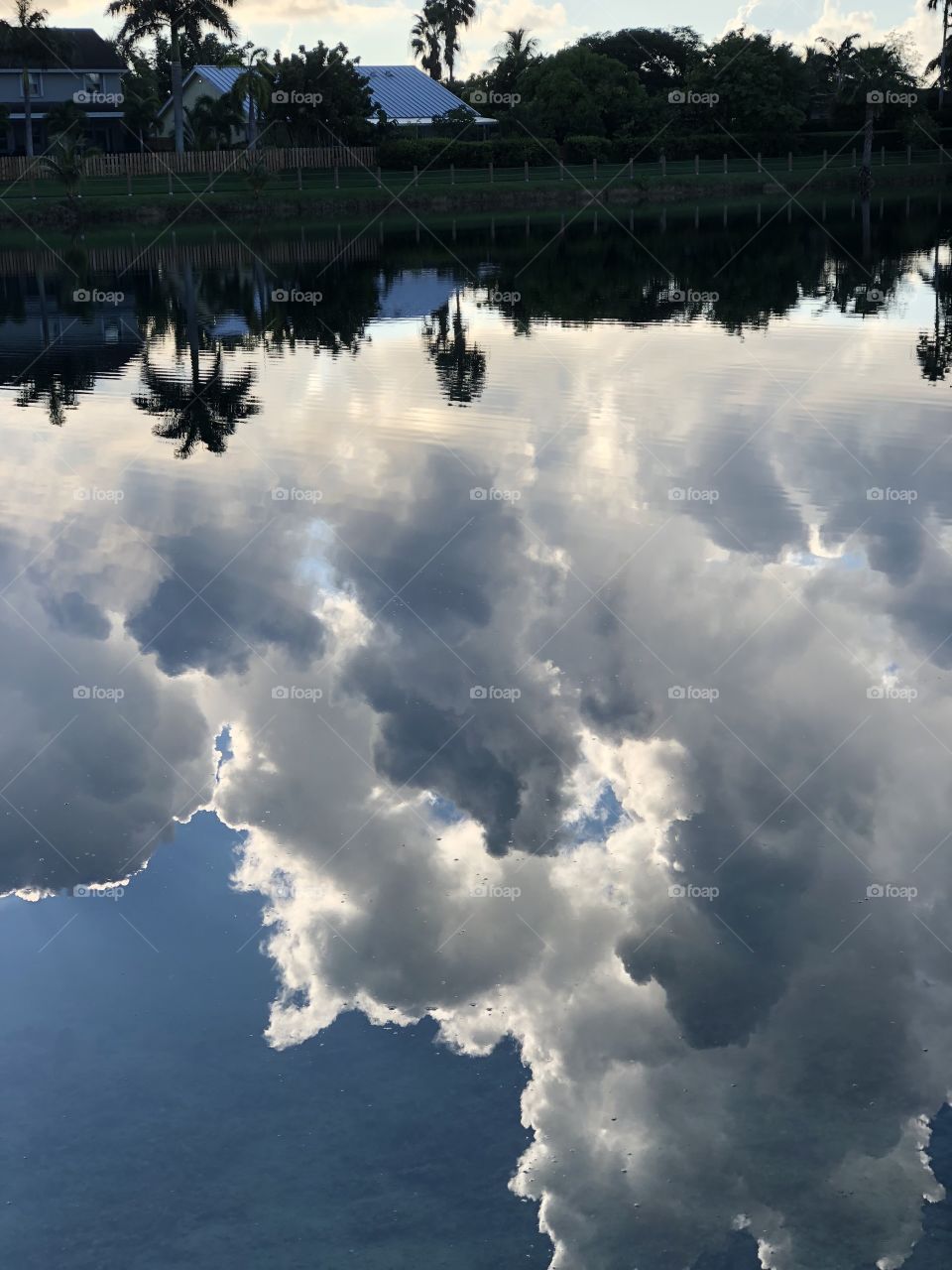 Topsy turvy world with clouds in the water and land above the skies.
