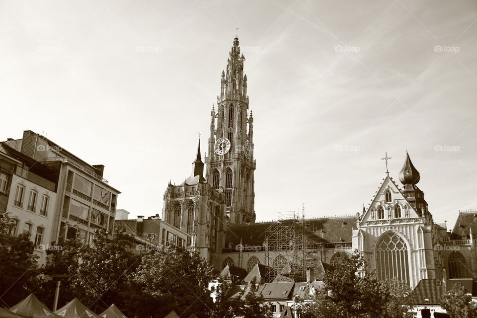 sepia antwerp cathedral. taken from the groenplaats in antwerp