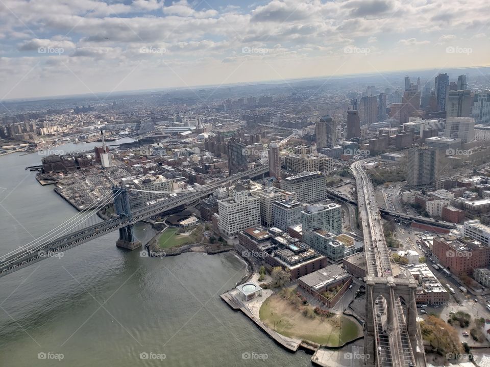 Aerial view of Brooklyn and Manhattan bridges