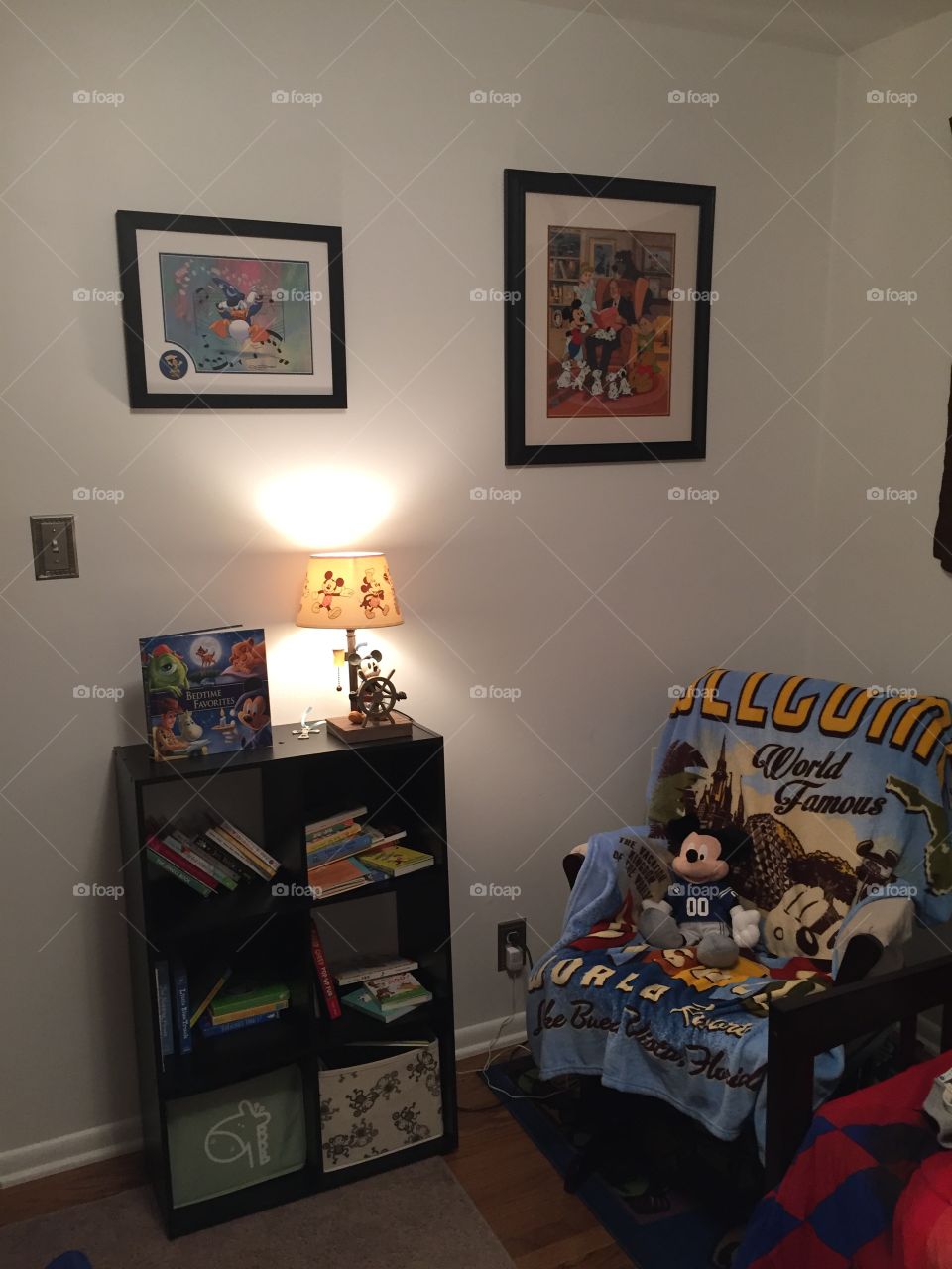 Disney themed reading nook in a small nursery 