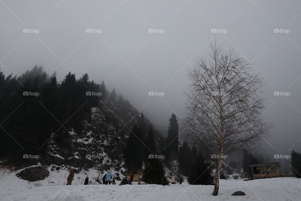 mountain resort in a fog