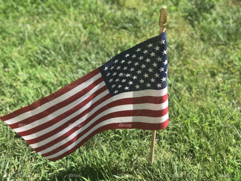 American flag displayed in the yard on a summers afternoon 