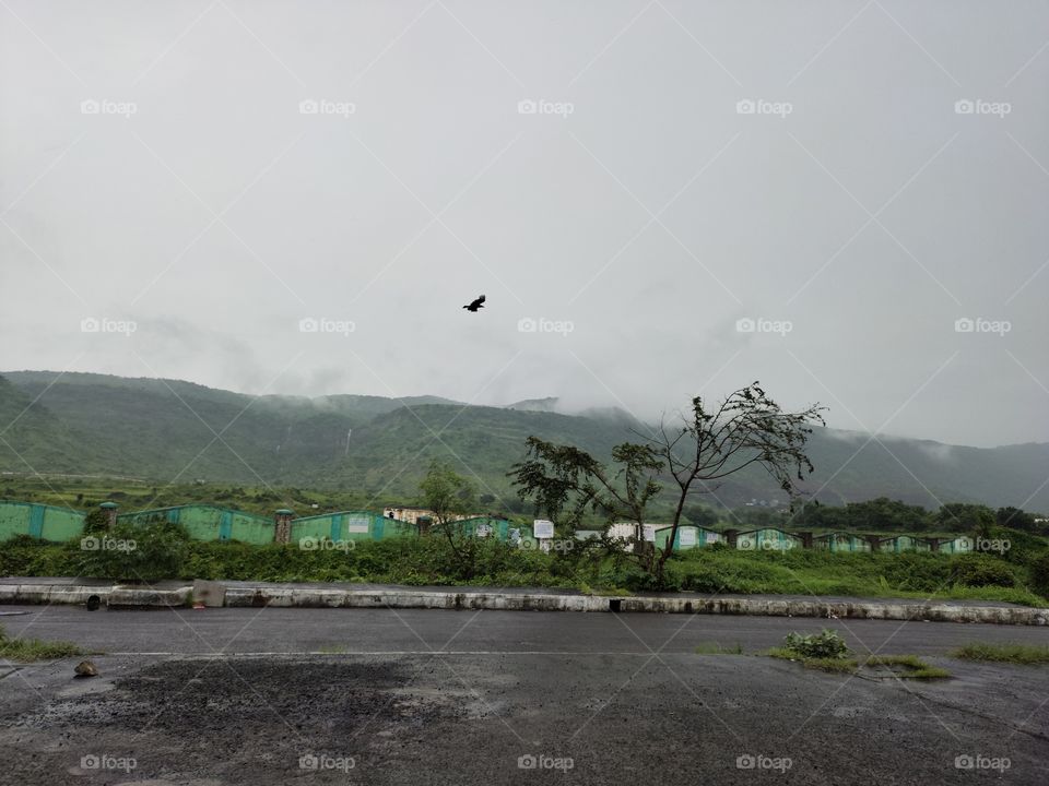 Pleasent weather
Cloudy Sky☁️☁️
 rain☔☔ on Mountains
Birds Flying