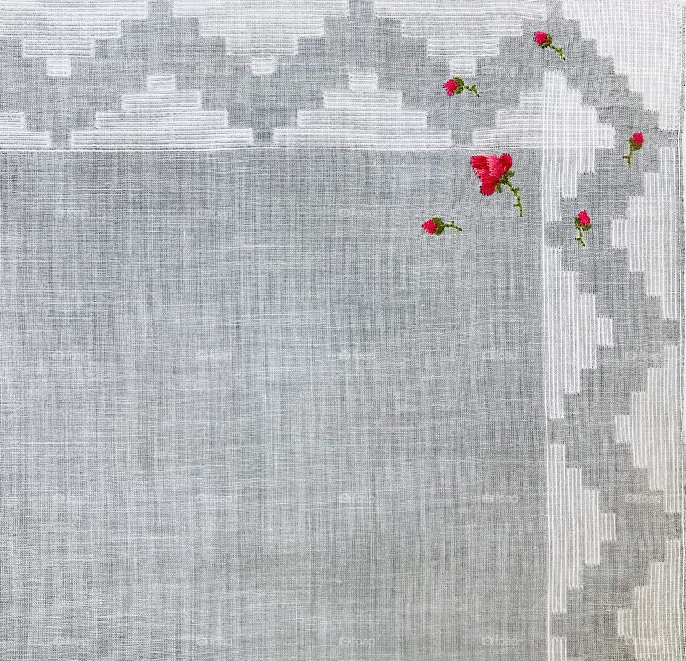 Embroidered flowers on solid white fabric background with zig zag Art Deco border