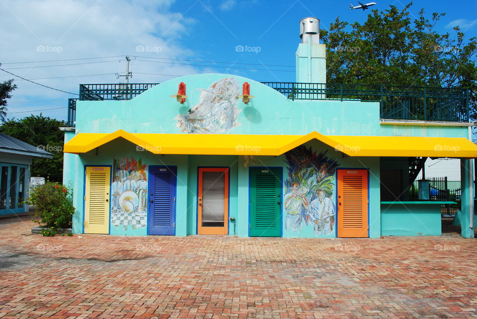 A colorful view of a toilet in Key West, Florida