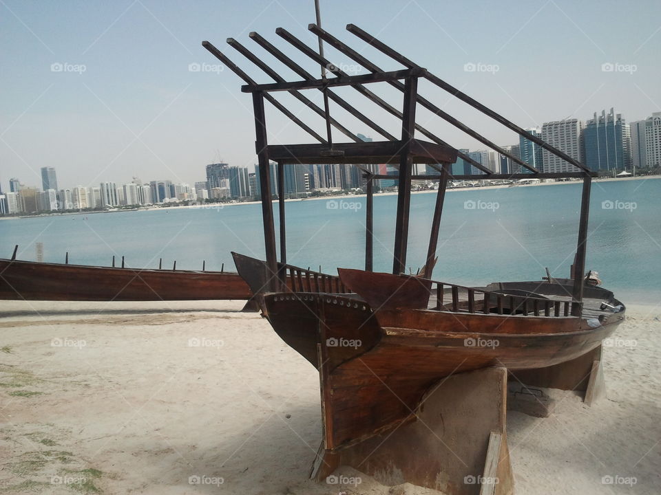 vintage boat. vintage boat used for transportation in water. This 8s located at Abu Dhabi Heritage Village