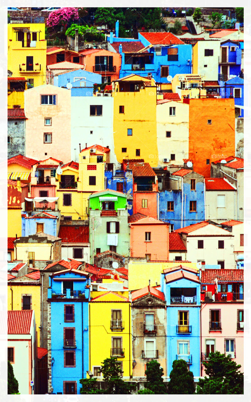 Panorama of the beautiful city of Bosa, Sardinia, which shines with lively Mediterranean colors.