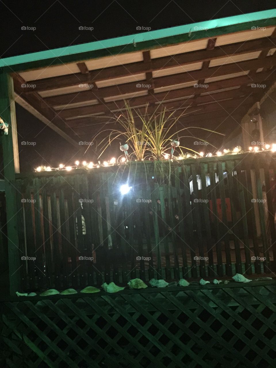 My deck lit up with clear twinkle lights happy new year 