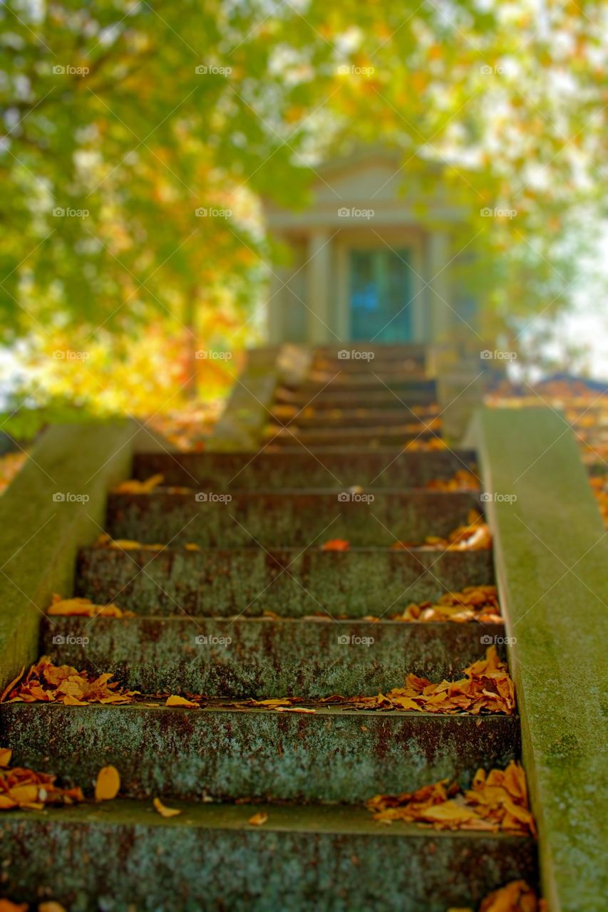 Stairway to Heaven. A mausoleum sits at the top of a knoll in Sleepy Hollow cemetery.  Sleepy Hollow, NY