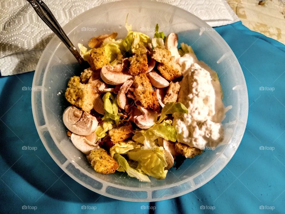lettuce and radiccio salad with fresh sliced mushrooms, cottage cheese, and Texas toast garlic seasoned croutons.
