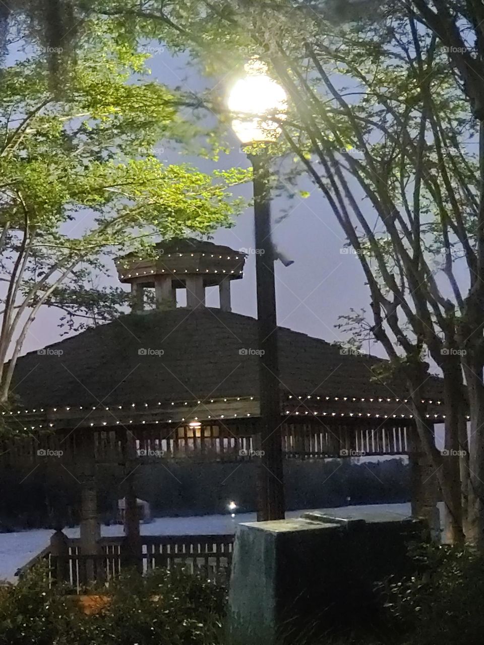 a gazebo next to the river