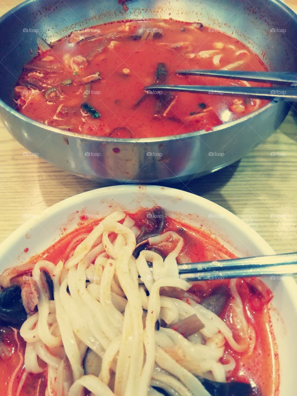 Spicy chicken and mushroom noodle soup, Korean