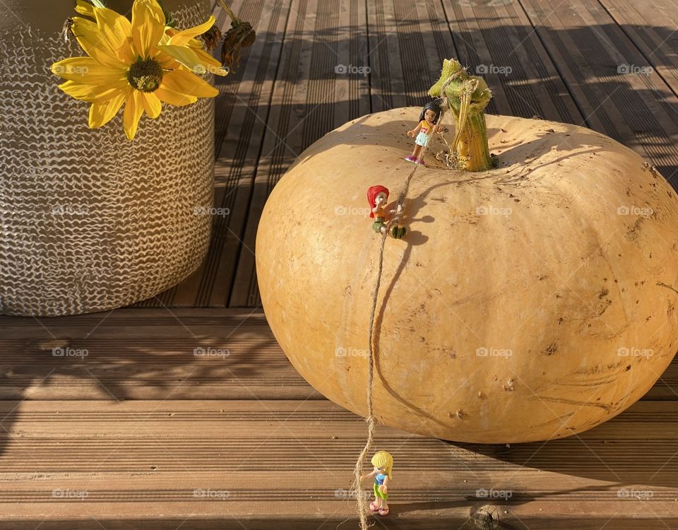 Lego figures climbing pumpkin