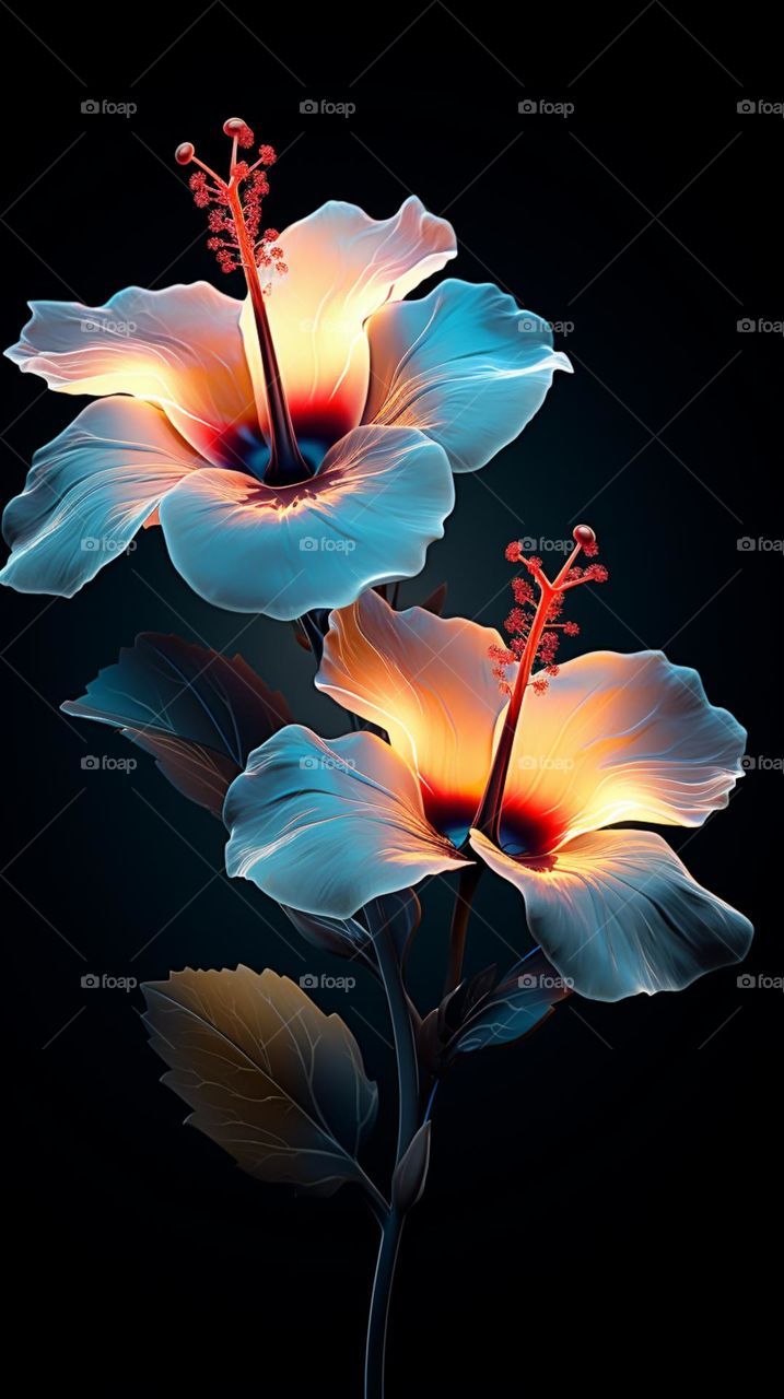 blooming light blue flowers on dark background in the style of luminescent lightscapes