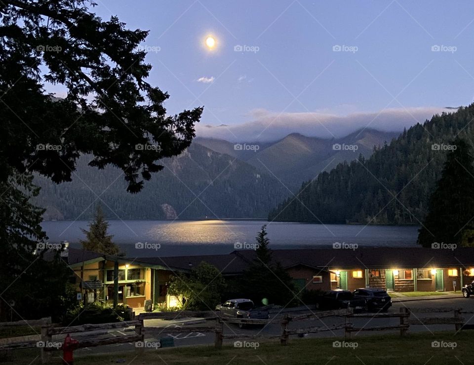 Moon rising over Lake Crescent Cabins
