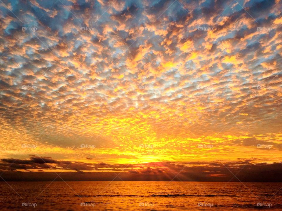 Blazing gold and red sunset over the ocean.