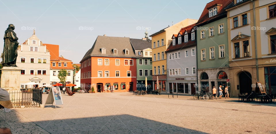 Weimar, coloured houses in the capital of culture in Germany. Summer in the city.