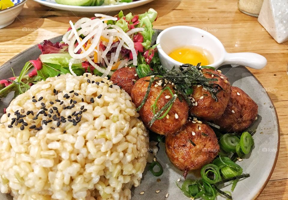 Chicken tsukune with brown rice